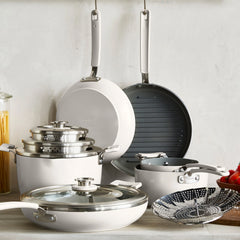 Space Saving Stack Ceramic Nonstick 11-Piece Cookware Set | Cream