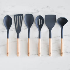 GreenLife Nylon & Wood Cooking Utensils with Ceramic Crock, 7-Piece Set | Charcoal Gray