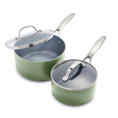 Valencia Pro Ceramic Nonstick 1.5-Quart and 3-Quart Saucepan Set with Lids | Sage