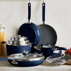 Space Saving Stack Ceramic Nonstick 11-Piece Cookware Set | Oxford Blue