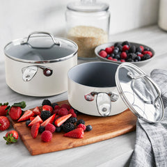 Valencia Pro Ceramic Nonstick 1.5-Quart and 3-Quart Saucepan Set with Lids | Cream