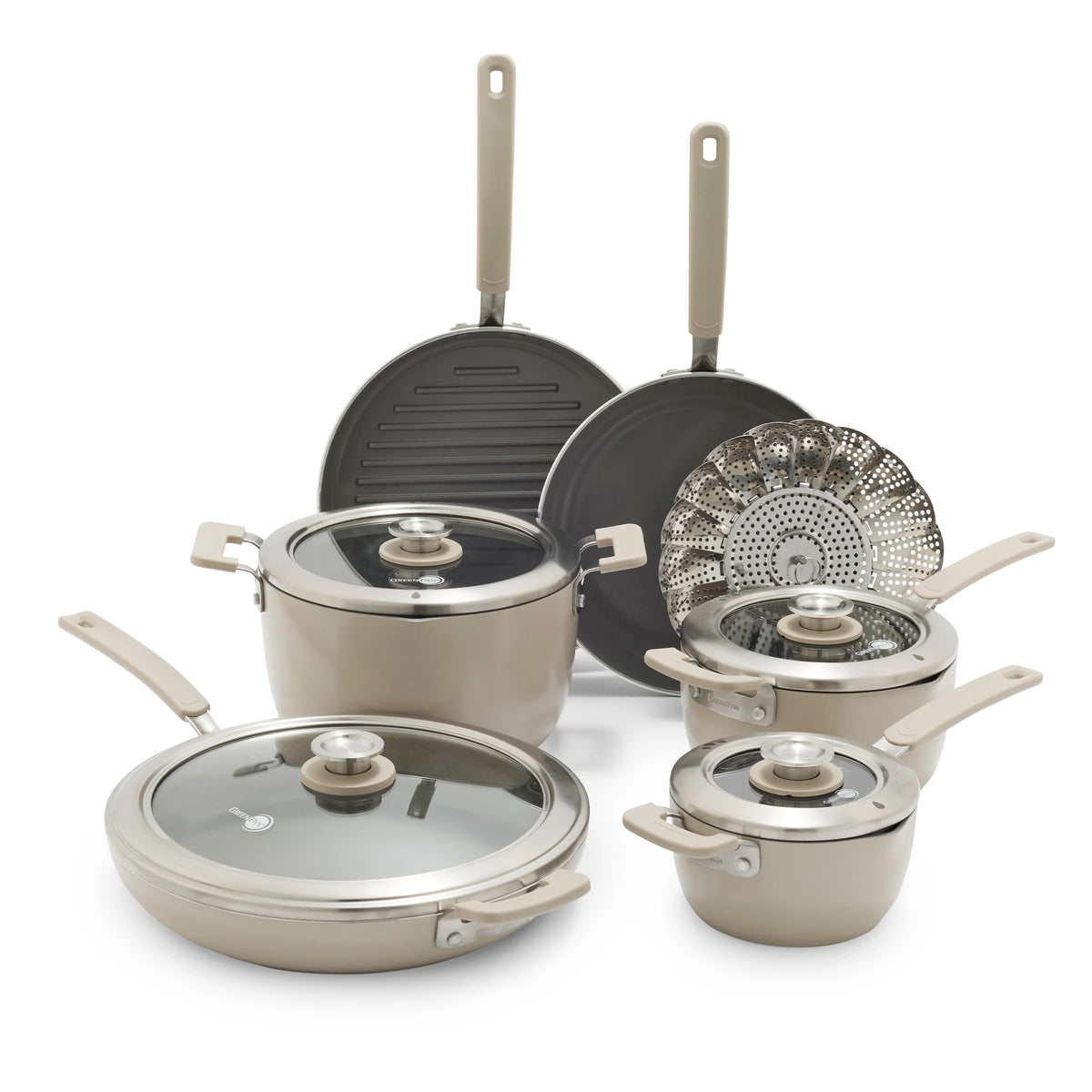 Space Saving Stack Ceramic Nonstick 11-Piece Cookware Set | Taupe