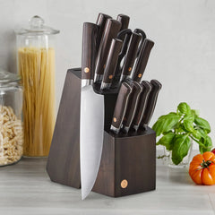 Elite Cutlery 13-Piece Knife Block Set with Dark-Wood Handles