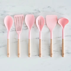 GreenLife Nylon & Wood Cooking Utensils with Ceramic Crock, 7-Piece Set | Pink