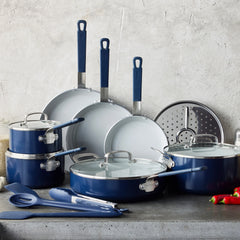 Bobby Flay by GreenPan Professional Ceramic Nonstick 16-Piece Cookware Set | Oxford Blue