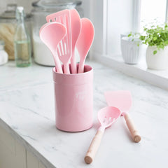 GreenLife Nylon & Wood Cooking Utensils with Ceramic Crock, 7-Piece Set | Pink